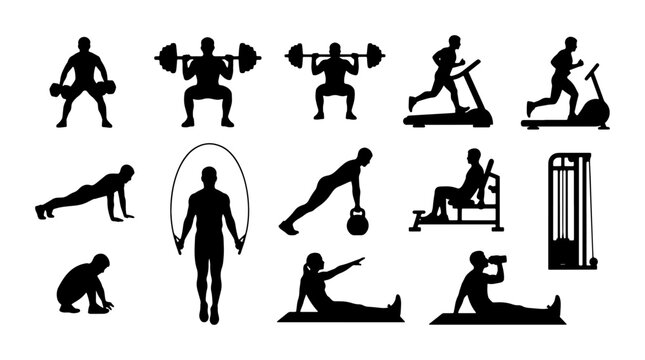 Fitness Silhouette Icons Set: Weightlifting, Cardio, Bodyweight Exercises, Gym Equipment Vector Graphics for Health and Wellness Concepts