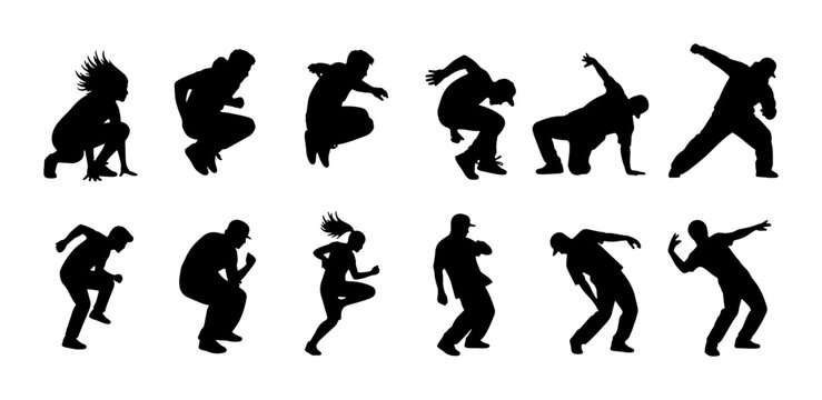 Dynamic Breakdance Silhouettes, 12 Action Poses Vector Set, Urban Street Dance Figures for Graphic Design and Lifestyle Concepts