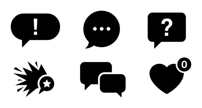 Speech Bubble Icons Set: Communication, Questions, Exclamation, Chat, Notification, Love Heart, Vector Graphics for Web and App Design