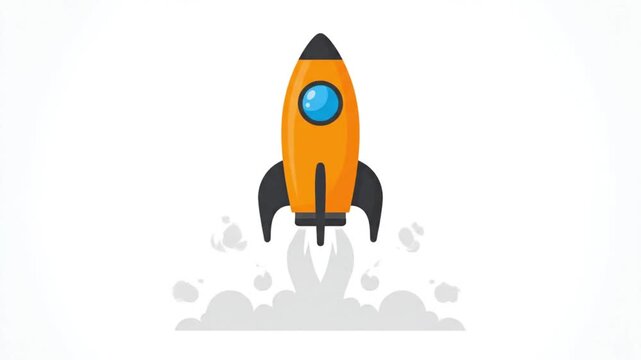 2D Flat Cartoon Rocket Ship Taking Off with Smoke on White Background for Startup Launch and Success Concept