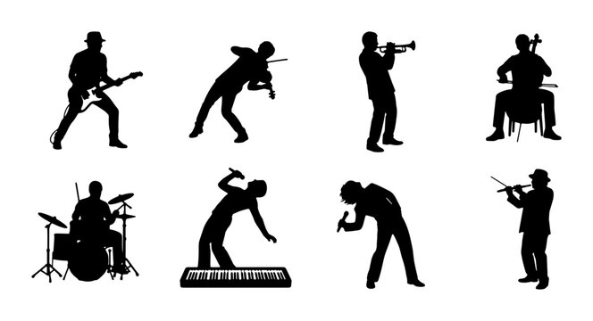 Musician Silhouettes Collection: Guitarist, Drummer, Singer, Keyboardist, Trumpeter, Cellist, Violinist Vector Icons for Music Performance and Entertainment Graphics