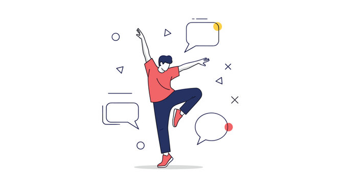 Young man performing a dynamic dance move or artistic pose surrounded by geometric shapes and empty speech bubbles.