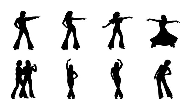Retro Disco Dancer Silhouettes, 70s Style Figures, Vintage Dance Poses, Set of 8 Vector Graphics for Party and Celebration Themes