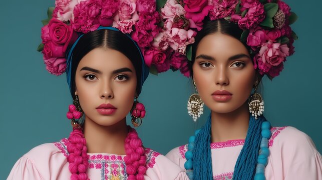 Two women wear traditional embroidered dresses with large floral headpieces and bold, colorful jewelry against a muted blue background.