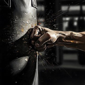 A clenched fist punches through a metal fish tank with force indoors.