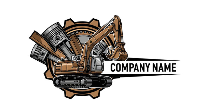 Excavator and engine pistons with gear logo design.