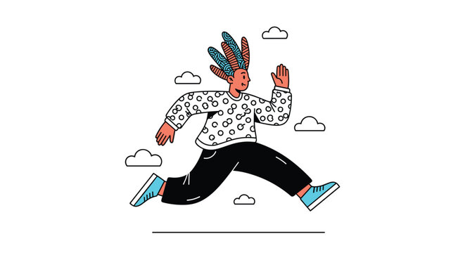 Person with vibrant blue and orange dreadlocks running energetically forward against a minimal cloudy background.