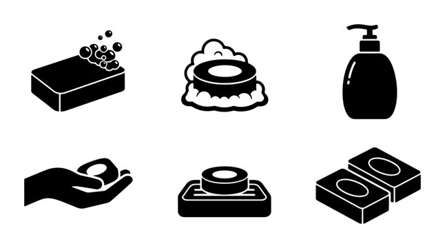 Solid Bar Soap and Liquid Soap Dispenser Icons, Hygiene and Cleaning Vector Set, Hand Washing and Personal Care Graphics