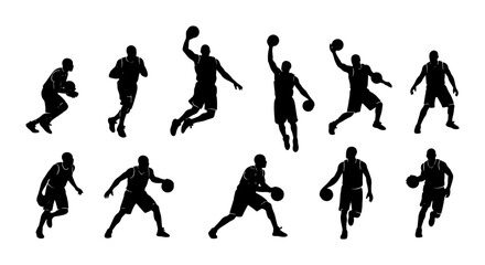 Basketball Player Silhouettes, Dynamic Action Poses Vector Set. Sports Figures, Athletic Movement, Game Performance, Dunking, Dribbling, Shooting. Graphic Elements for Sport Design. © Nusracct