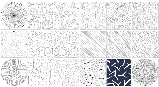 Comprehensive grid of diverse abstract patterns including geometric lines, cellular textures, and complex mandala designs.