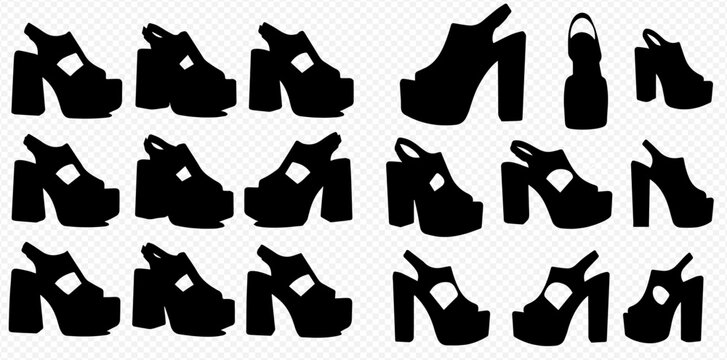 Set of women's high-heeled platform sandals in various silhouette views on a transparent background.