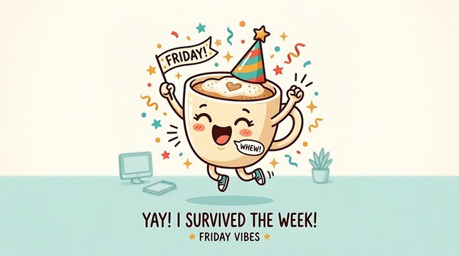 Happy cartoon coffee cup character celebrating end of work week