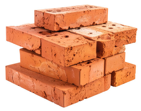 stack of broken red bricks isolated on white background