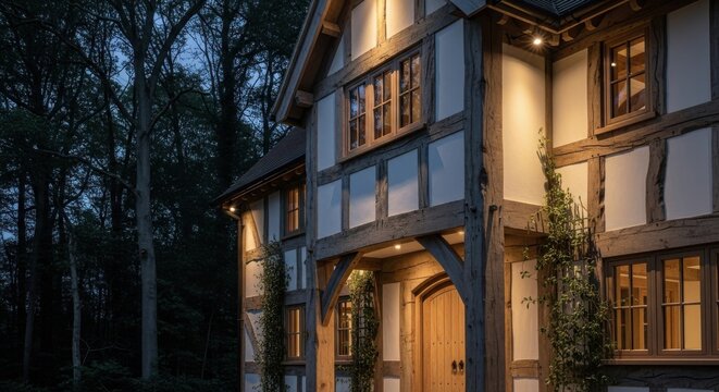 Exquisite rustic timber-framed house facade illuminated at night amidst surrounding trees