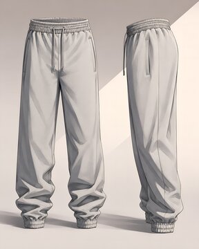 Front and side view of baggy cotton sweatpants with elastic drawstring waistband and ankle cuffs shown in a clean studio lighting environment.