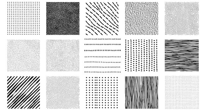 Collection of fifteen diverse hand drawn black and white textures featuring dots, lines, and patterns for creative design projects.