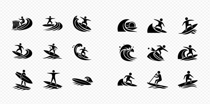 Set of surfing and surfer icons, depicting various surfing actions and waves in a minimalist black silhouette style.