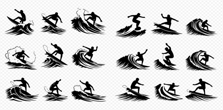 Collection of black surfing silhouettes on waves, depicting various poses and actions of surfers riding the ocean.
