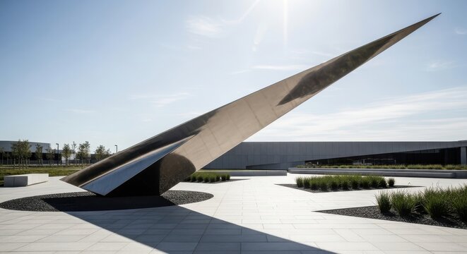 A Sleek Modern Sculpture With Angular Metallic Forms Against a Bright Sky, Showcasing Contemporary Outdoor Art and Architecture