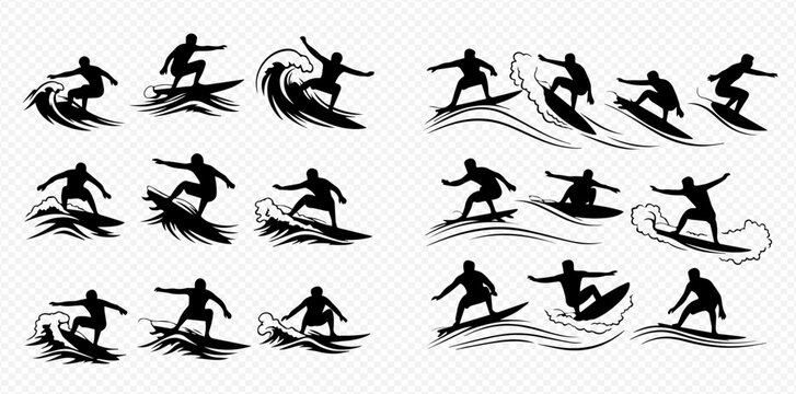 Set of surfer silhouettes riding waves, vector illustration of people surfing in various dynamic poses.