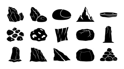 Diverse Rock Collection Vector Icons, Natural Stone Shapes, Geological Elements, Mountain and Pebble Graphics, Black and White Design © Tasmia