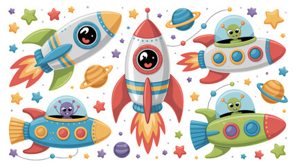 Obraz premium Colorful cartoon space and sports icons collection with rockets, planets, and medals