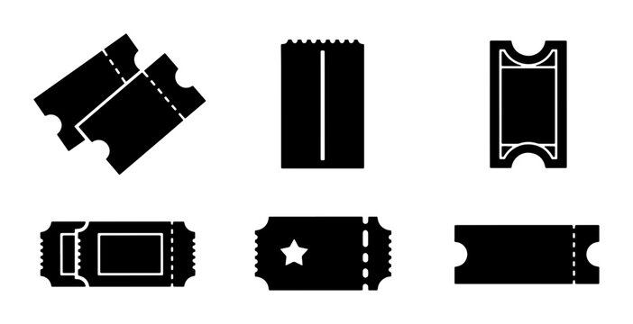 Collection of Six Black Ticket Icons, Vector Graphics for Events and Entertainment, Simple and Modern Design Elements