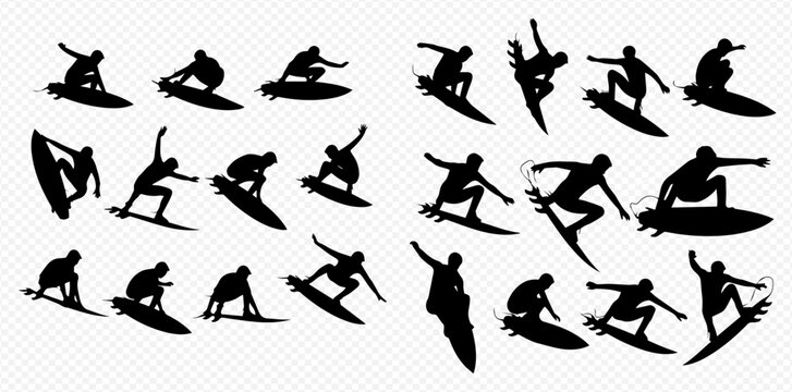 Set of black silhouettes of surfers riding waves, performing tricks, and balancing on surfboards, isolated on a transparent background.