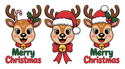 Three cartoon reindeer wearing santa hats and christmas sweaters standing together Vector © MDSAJU