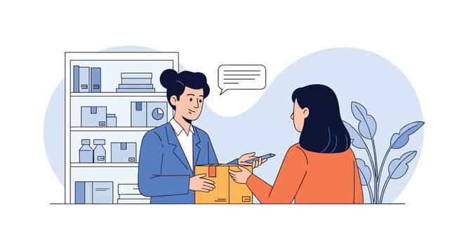 Female customer receives a cardboard delivery package from a professional clerk at a service counter in a modern shop.