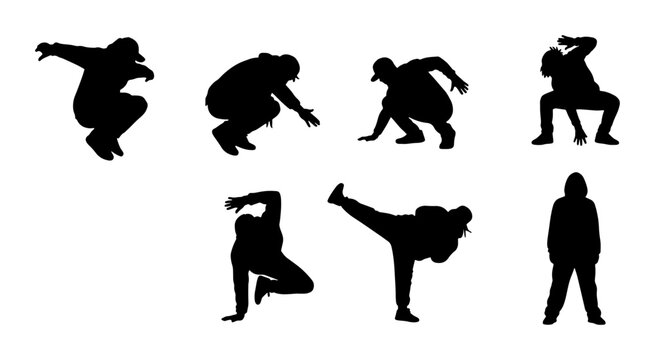Breakdance Silhouette Collection, Dynamic Hip Hop Dancer Poses, Urban Street Dance Vector Set, Athletic Movement Graphics