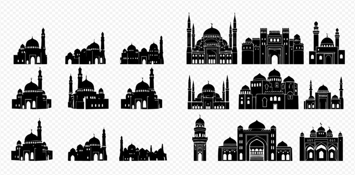 Set of various mosque silhouettes with domes and minarets, representing Islamic architecture and worship places.