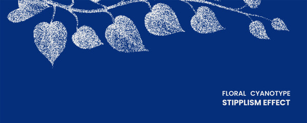 Floral cyanotype stipplism effect with white leaves on blue background stipple dots photocopy effect abstract retro y2k geometric elements © MDMahmudul
