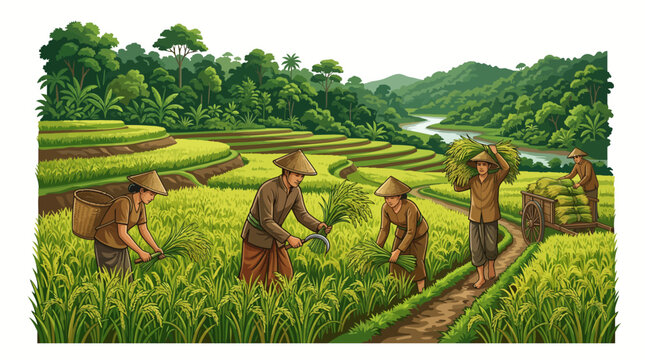 Farmers harvesting rice in terraced fields with lush green mountains and a river landscape
