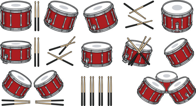 Red Snare Drum Collection with Drumsticks, Percussion Instrument Variations, and Musical Equipment Outline Vector Illustration Set