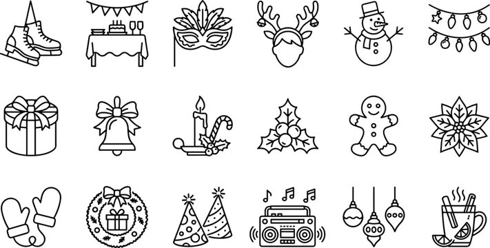 Christmas and winter holiday celebration icon set featuring party decorations gifts snowman and festive seasonal treats