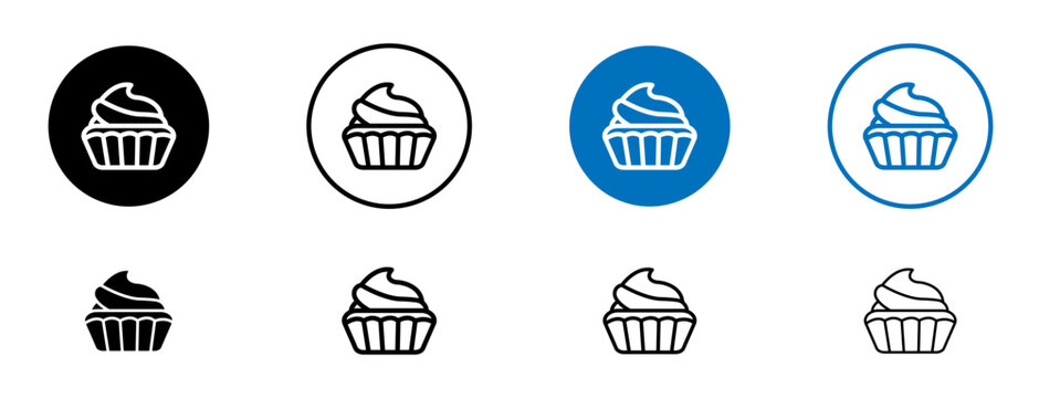 Cupcake icons set in black and blue colors on white background