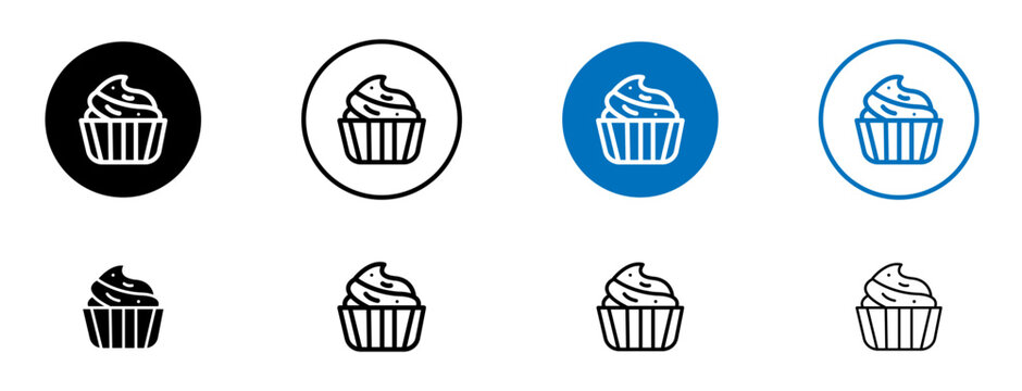Cupcake icons set in black and blue colors on white background
