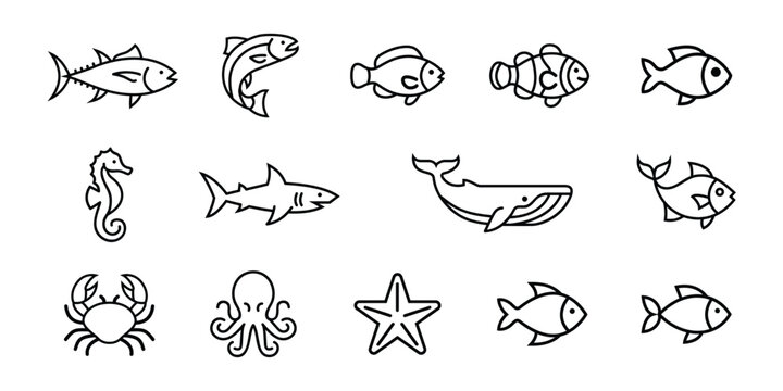 Collection of marine animal line art icons including fish whale shark octopus crab seahorse with shark fin seahorse starfish creature wildlife collection illustration minimalist underwater