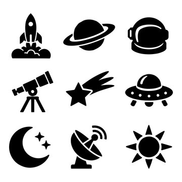 Black and white space icons with astronomy symbols