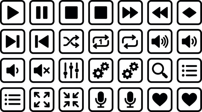 Comprehensive black and white media player button icon set for music and video interface design applications