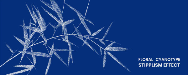 Floral cyanotype stipplism effect with bamboo leaves silhouette on blue background stipple dots photocopy effect abstract retro y2k geometric elements © MDMahmudul