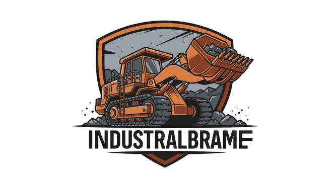 Heavy-duty industrial excavator logo with shield and INDUSTRIALBRAME text.