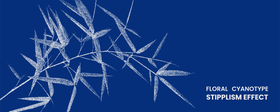 Floral cyanotype stipplism effect with bamboo leaves silhouette on blue background stipple dots photocopy effect abstract retro y2k geometric elements