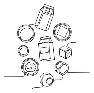 Milk carton floating ingredients line art icon. Generative AI