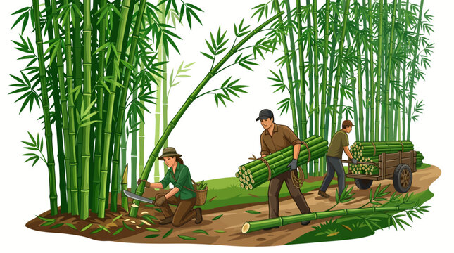 Illustration of workers harvesting bamboo in a commercial plantation