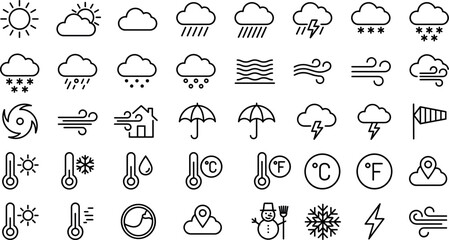 Comprehensive minimalist black line weather icon set for professional forecast applications and climate report designs © Imran