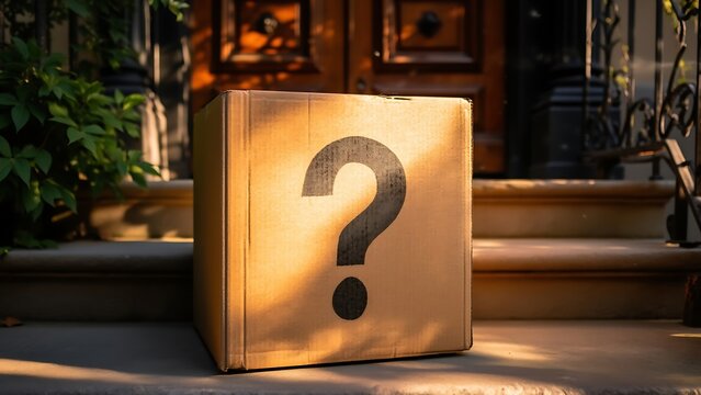Cardboard box with a large black question mark symbol on its side, sitting on stone steps in front of a wooden door