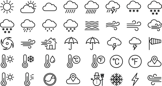 Comprehensive minimalist black line weather icon set for professional forecast applications and climate report designs