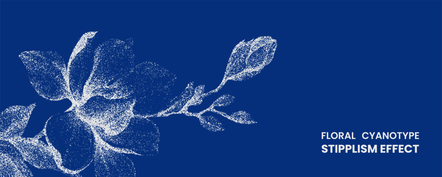 Floral cyanotype stipplism effect with white botanical silhouette on deep blue background for artistic design stipple dots photocopy effect abstract retro y2k geometric elements
